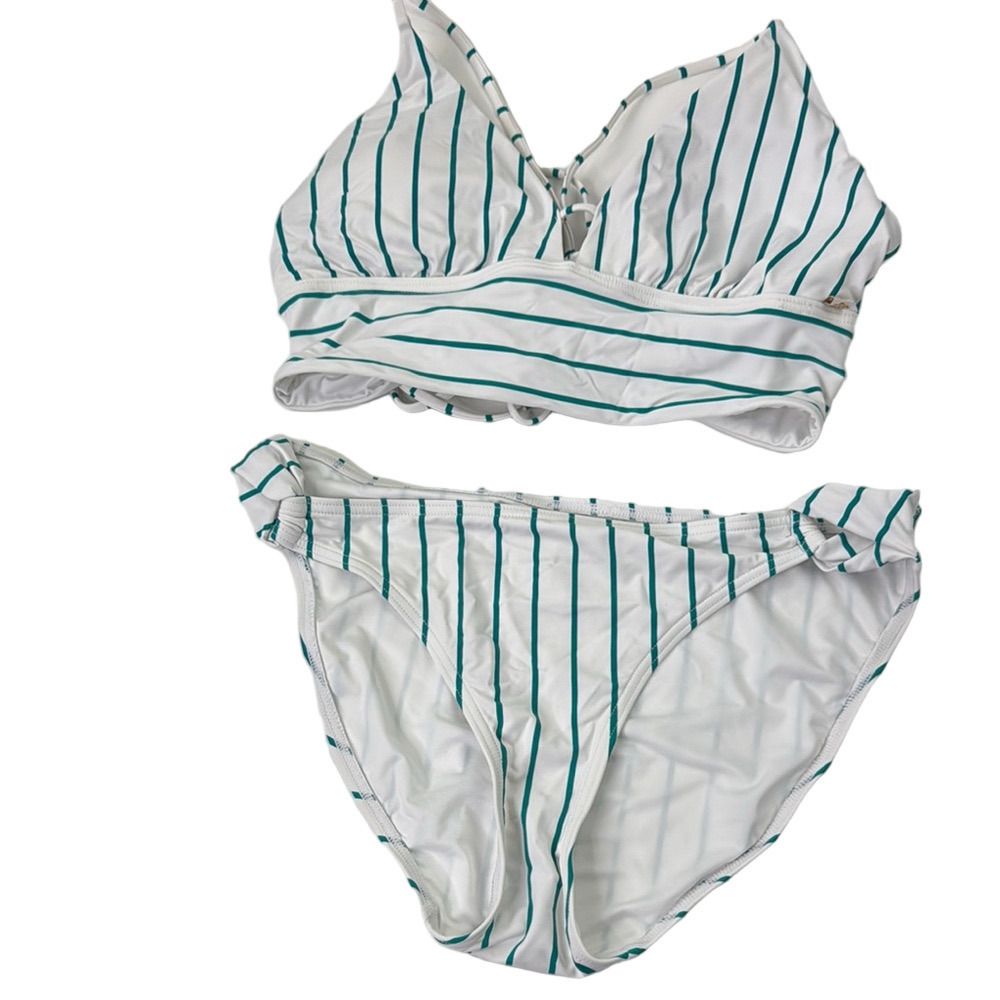 La Vie En Rose White and Green Striped Bikini